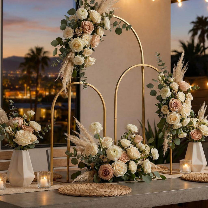 3-Piece Set Gold Metal Chiara Arch Centerpieces – Wedding Cake Flower Stand Frames 20", 23", 35" with Detachable Base - thumbnail number 8