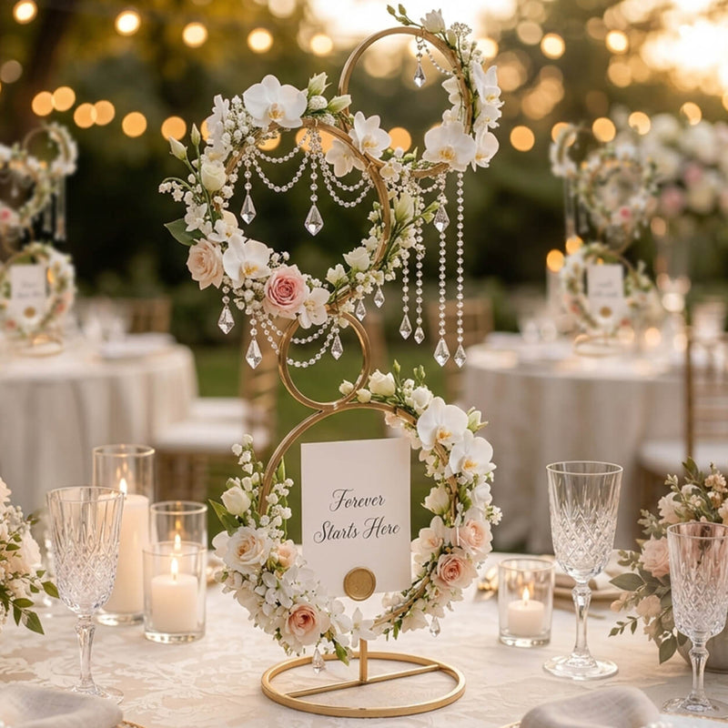 Gold metal 4-tier hoop pillar stand styled with flowers and crystals as a wedding centerpiece - thumbnail number 3