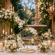 Gold 4-tier hoop stand decorated with white flowers, crystals, and greenery on an outdoor table - thumbnail number 4
