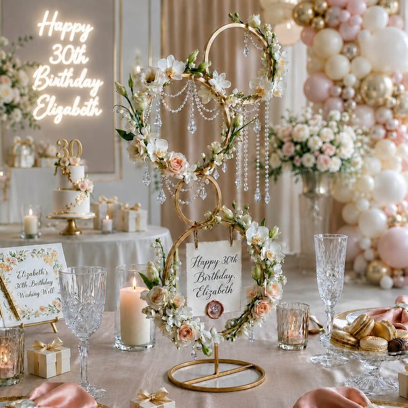 Gold 4-tier hoop stand with flowers and birthday sign at a party table - thumbnail number 6