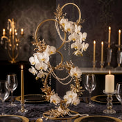 Gold multi-tier metal hoop stand decorated with white orchids and pearls as a table centerpiece - thumbnail number 7