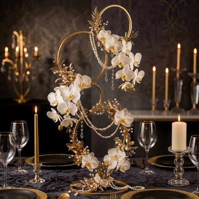 Gold multi-tier metal hoop stand decorated with white orchids and pearls as a table centerpiece - thumbnail number 7