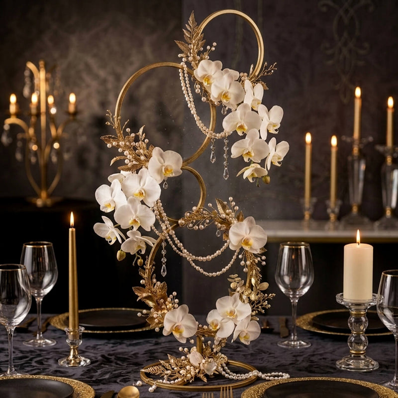Gold multi-tier metal hoop stand decorated with white orchids and pearls as a table centerpiece - thumbnail number 7