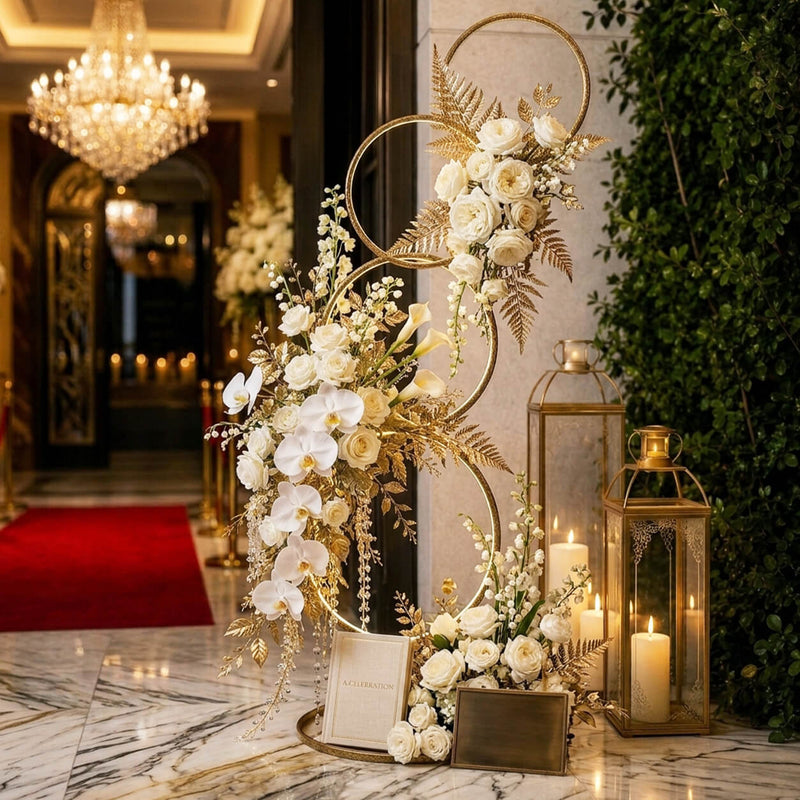 5ft Gold Hoop Pillar Flower Stand – 4-Tier Metal Wreath Arch Wedding Table Centerpiece - thumbnail number 4