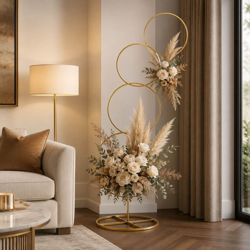 5ft Gold Hoop Pillar Flower Stand – 4-Tier Metal Wreath Arch Wedding Table Centerpiece - thumbnail number 9