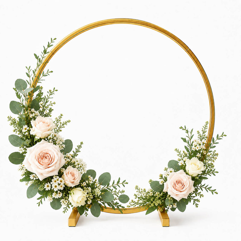 32" Gold Round Hoop Wedding Centerpiece – Metal Self-Standing Floral Wreath Frame - thumbnail number 2