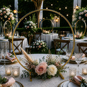 Gold round hoop wedding centerpiece with blush and white flowers on table - thumbnail number 4