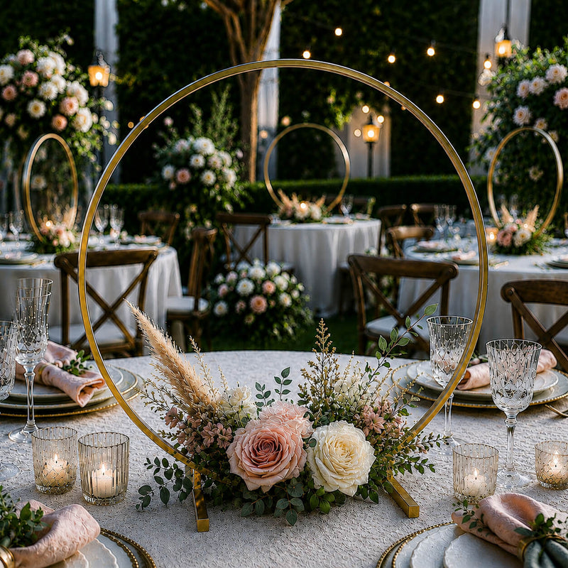 Gold round hoop wedding centerpiece with blush and white flowers on table - thumbnail number 4