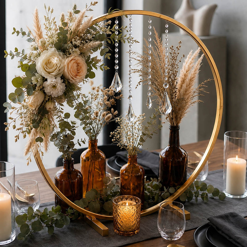 Gold hoop wedding centerpiece with floral arrangement, pampas grass, and hanging crystal drops - thumbnail number 6