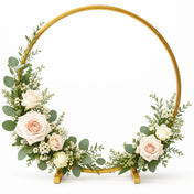 Gold round hoop floral wreath centerpiece with blush and white roses on a white background - thumbnail number 2