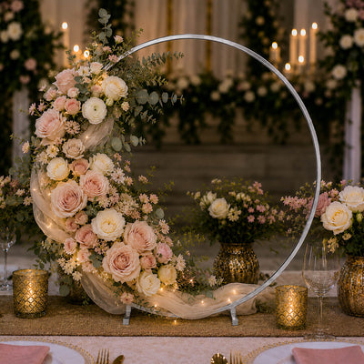 Silver Metal Hoop Wreath Centerpiece 24" – Round Arch Table Display for Weddings and Events - thumbnail number 4