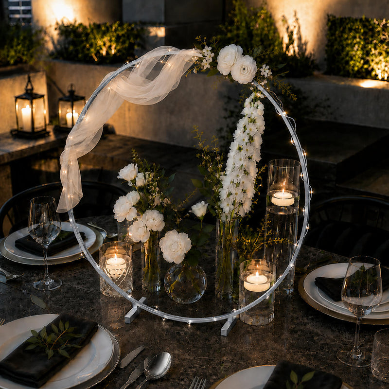 Silver Metal Hoop Wreath Centerpiece 24" – Round Arch Table Display for Weddings and Events - thumbnail number 5
