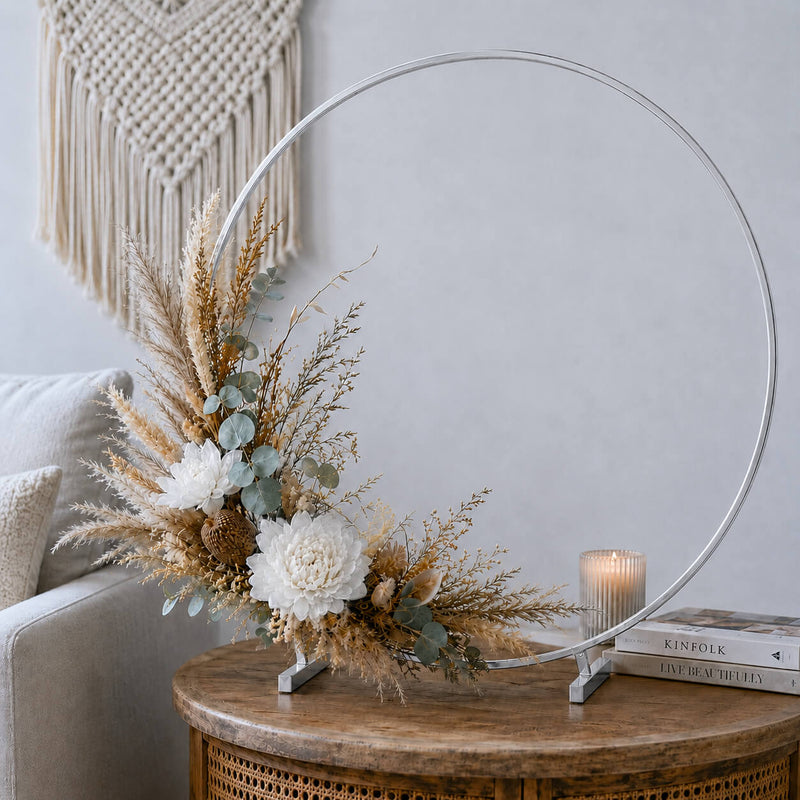 Silver Metal Hoop Wreath Centerpiece 24" – Round Arch Table Display for Weddings and Events - thumbnail number 9
