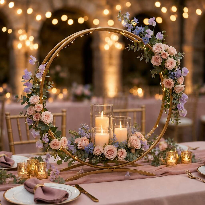 Double Frame Metal Hoop Centerpiece 24" Gold – Wedding Flower Stand for Cake Table Décor - thumbnail number 8