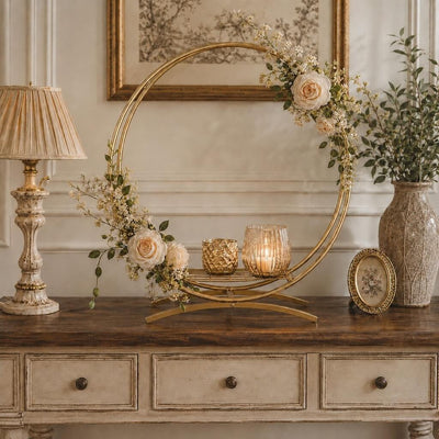 Double Frame Metal Hoop Centerpiece 24" Gold – Wedding Flower Stand for Cake Table Décor - thumbnail number 9