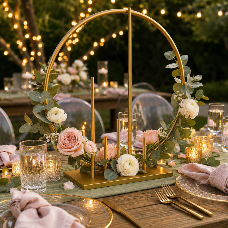 Gold Metal Floral Hoop Centerpiece 24" Round – Self-Standing Wedding Table Arch Frame with Pillars - thumbnail number 7