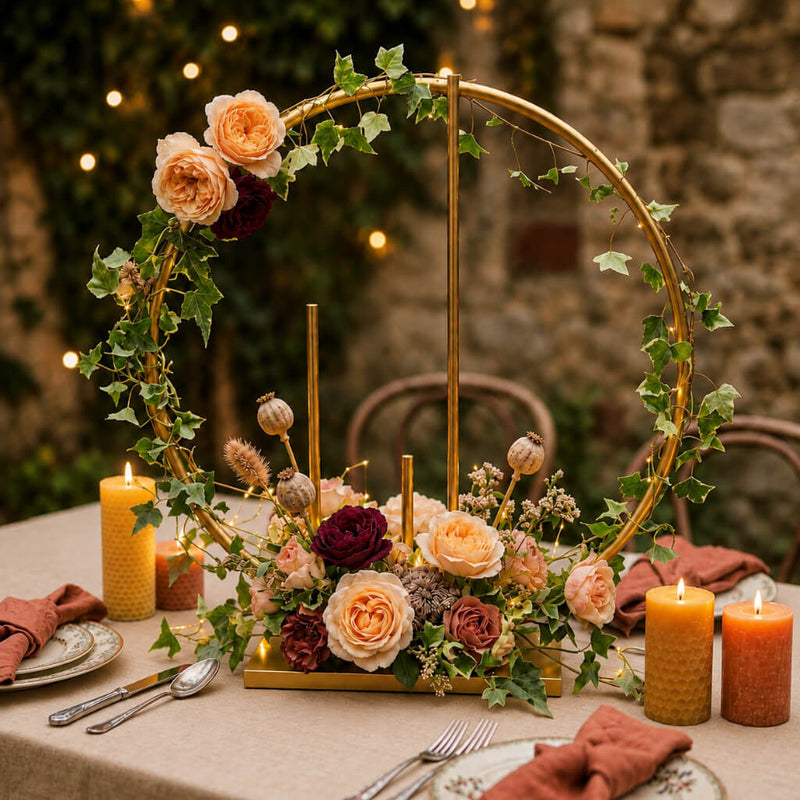 Gold Metal Floral Hoop Centerpiece 24" Round – Self-Standing Wedding Table Arch Frame with Pillars - thumbnail number 4