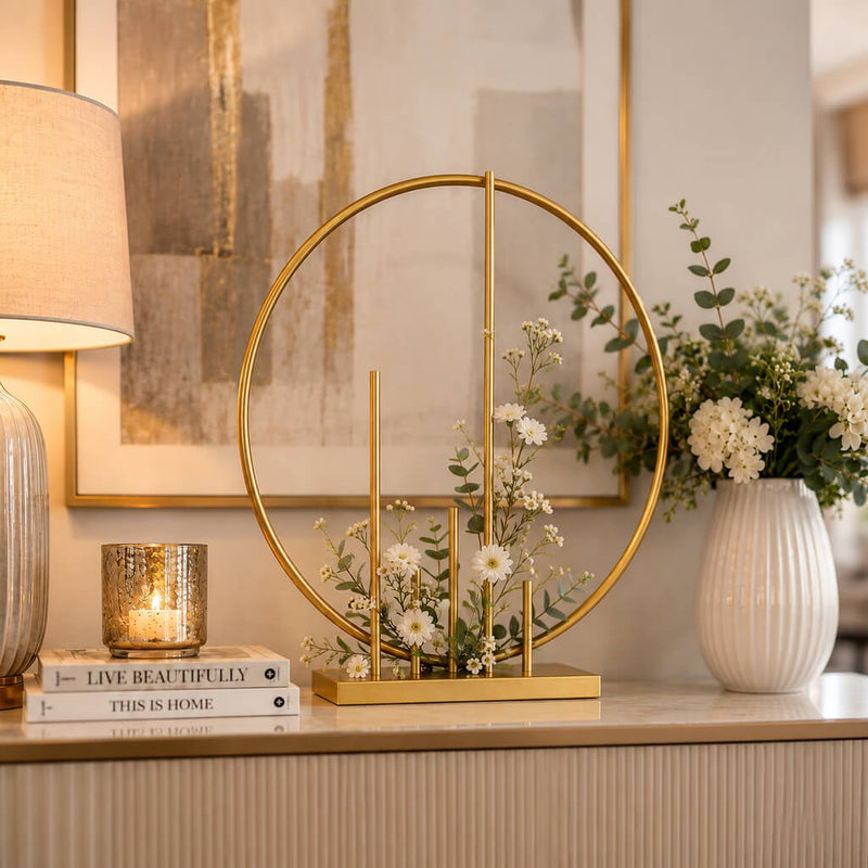 Gold Metal Floral Hoop Centerpiece 24" Round – Self-Standing Wedding Table Arch Frame with Pillars - thumbnail number 8