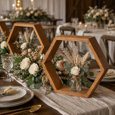Rustic wood hexagon frames used as table centerpieces with floral arrangements and pampas grass - thumbnail number 4