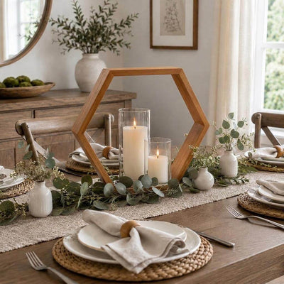 Rustic wood hexagon display frame with two pillar candles and eucalyptus greenery as a centerpiece - thumbnail number 7