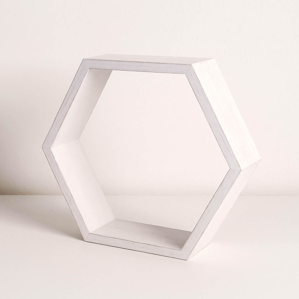 Whitewashed Wood Hexagon Display 9" – Set of 2 Geometric Terrarium Honeycomb Centerpieces