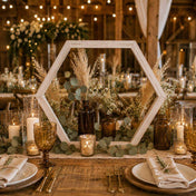 Whitewashed wood hexagon frame with amber bottles and pampas grass centerpiece - thumbnail number 3