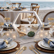 Whitewashed wood hexagon frame centerpiece with pampas grass and a succulent on a beach table - thumbnail number 4