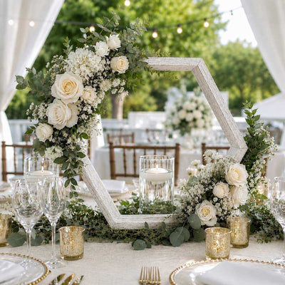 Whitewashed wood hexagon frame decorated with white roses and greenery on a table - thumbnail number 5