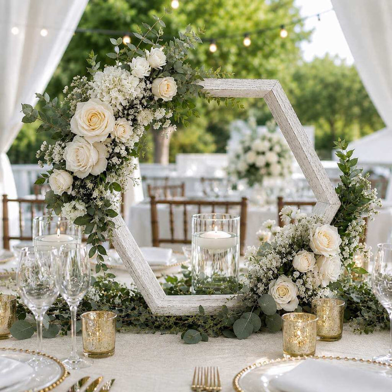 Whitewashed wood hexagon frame decorated with white roses and greenery on a table - thumbnail number 5