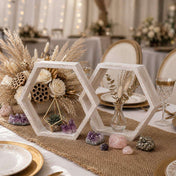 Two whitewashed wood hexagon display shelves on a table centerpiece - thumbnail number 6