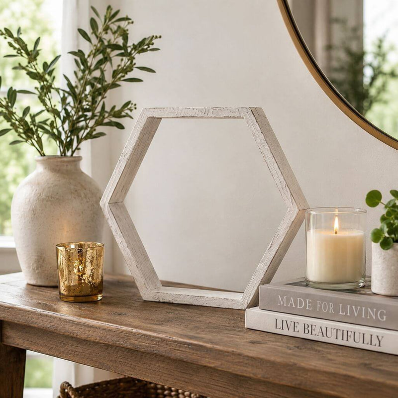 Whitewashed wood hexagon frame on a console table with books and a candle - thumbnail number 8