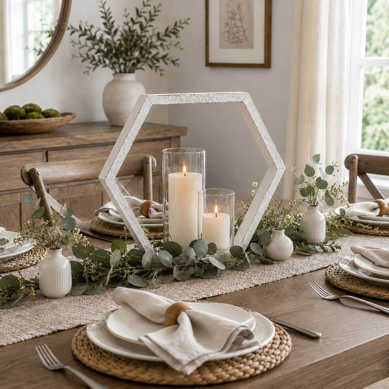 Whitewashed wood hexagon frame with glass candle holders and greenery centerpiece - thumbnail number 7