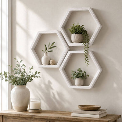 Three whitewashed wood hexagon shelves mounted on a wall with potted plants - thumbnail number 9
