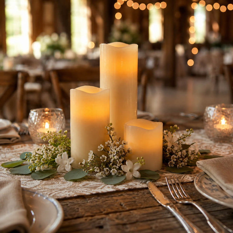 Rustic tablescape with Flameless LED Wavy Top Pillar Candles white set - thumbnail number 3