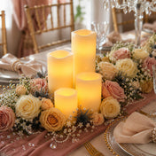 Assorted white flameless candles with warm glow and rose centerpiece - thumbnail number 5