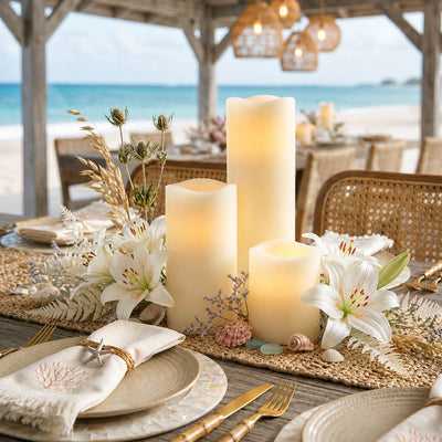 Beach tablescape with Flameless LED Wavy Top Pillar Candles white set - thumbnail number 4