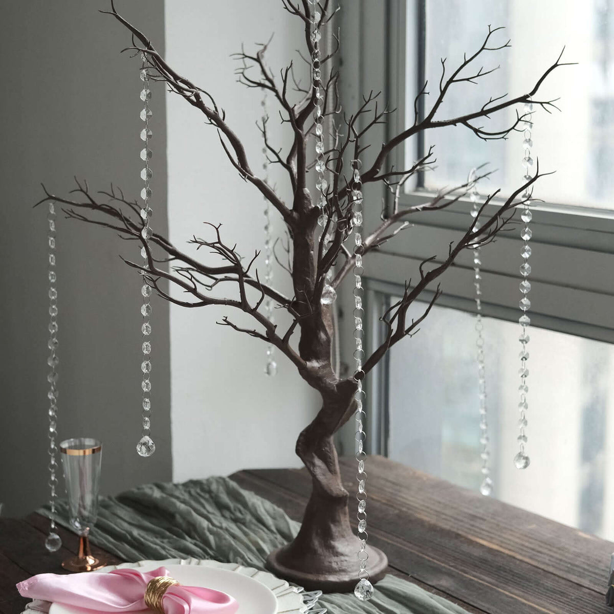 34" Artificial Natural Manzanita Tree Centerpiece – Easy Assembly with 8 Acrylic Bead Chains