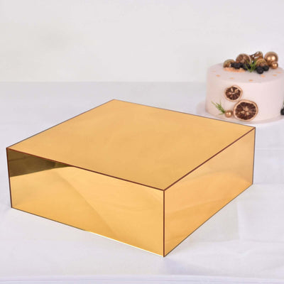 14"x14" Gold Mirror Finish Acrylic Cake Box Stand – Pedestal Riser with Hollow Bottom for Desserts - thumbnail number 2