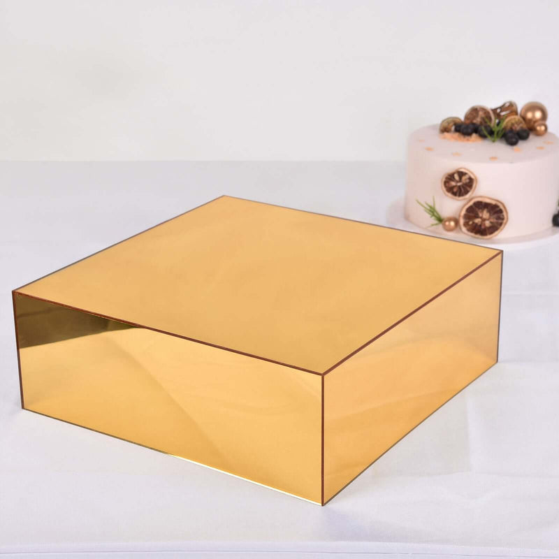 14"x14" Gold Mirror Finish Acrylic Cake Box Stand – Pedestal Riser with Hollow Bottom for Desserts - thumbnail number 2