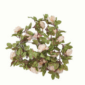 Coiled 7ft blush silk rose garland with green leaves and LED string lights on a white background - thumbnail number 1