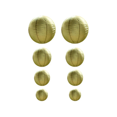 Set of 8 Gold Hanging Paper Lanterns, Assorted Size Decorative Round Chinese Sky Lanterns - 6",8",10",14"