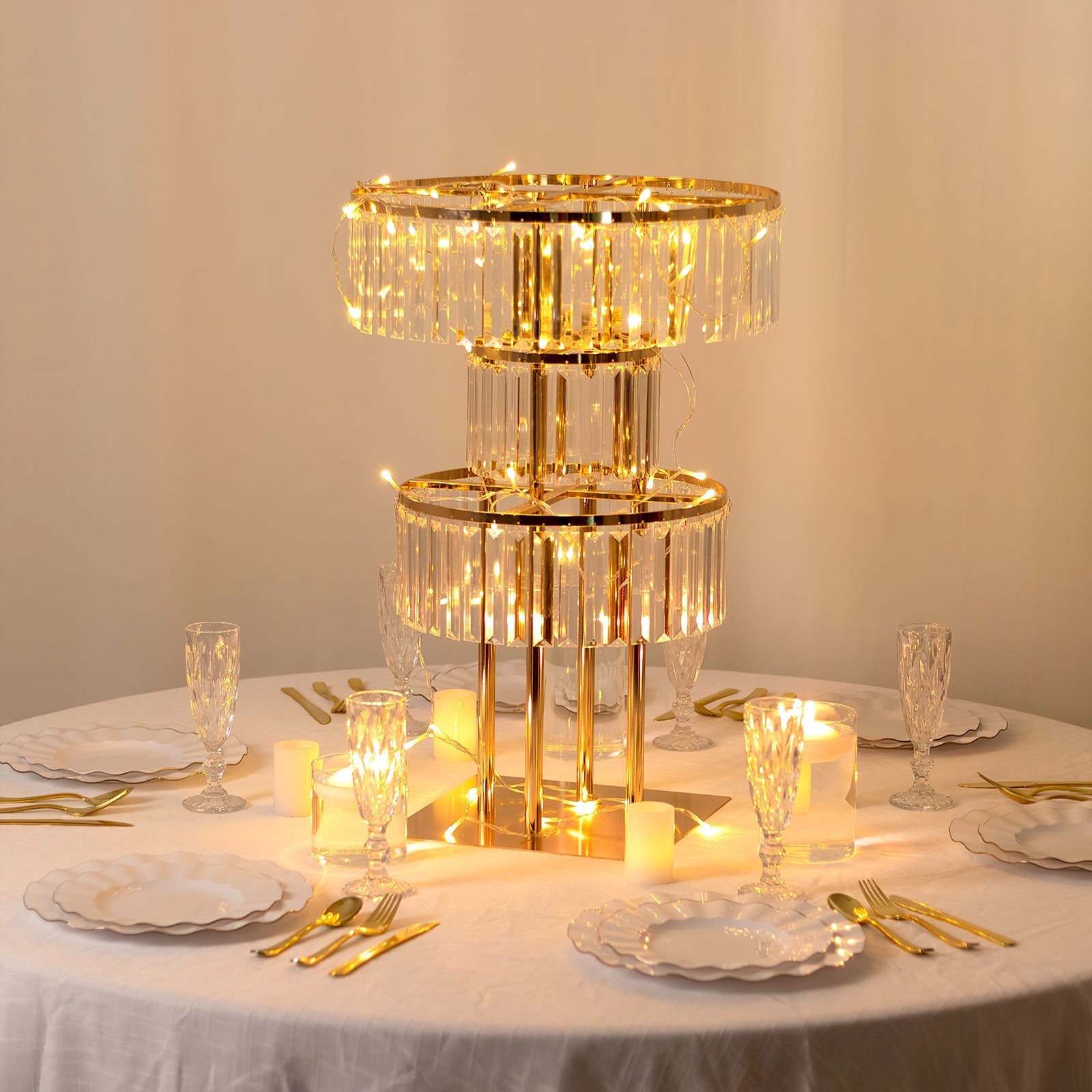 3-Tier Gold Crystal Pendant Table Centerpiece Chandelier 27" – Round Metal Vase Pedestal with Hanging Crystals