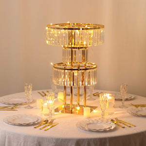 3-Tier Gold Crystal Pendant Table Centerpiece Chandelier 27" – Round Metal Vase Pedestal with Hanging Crystals
