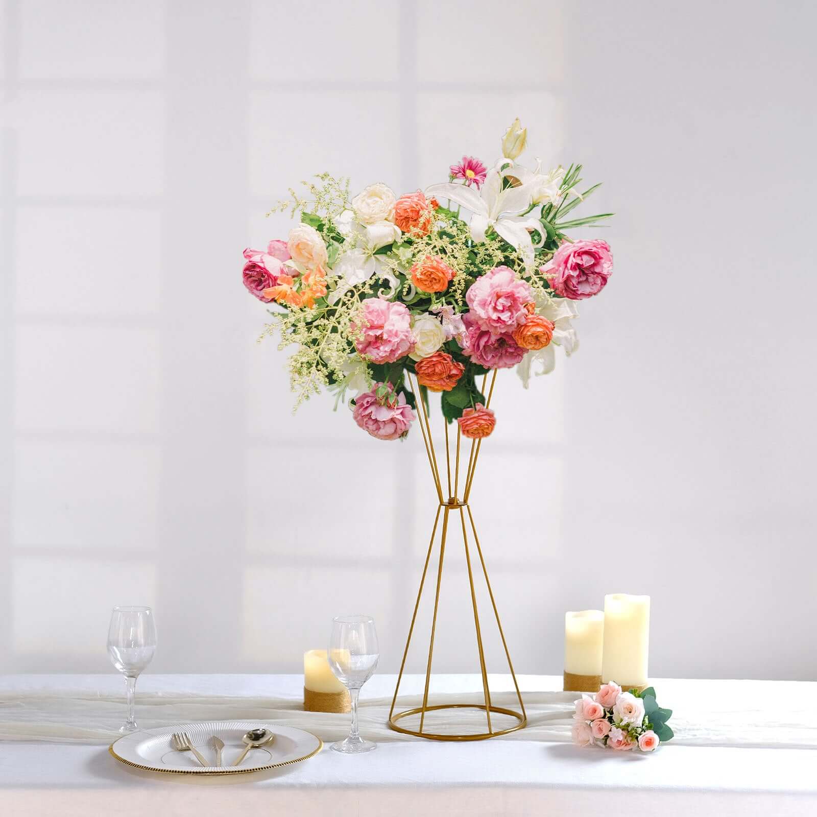Reversible Dual Cone Gold Metal Flower Stand 27" – Geometric Pedestal for Wedding Centerpieces