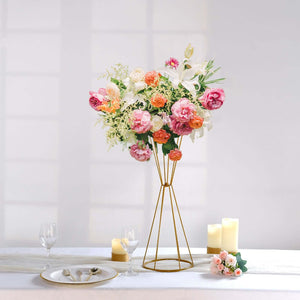 Reversible Dual Cone Gold Metal Flower Stand 27" – Geometric Pedestal for Wedding Centerpieces