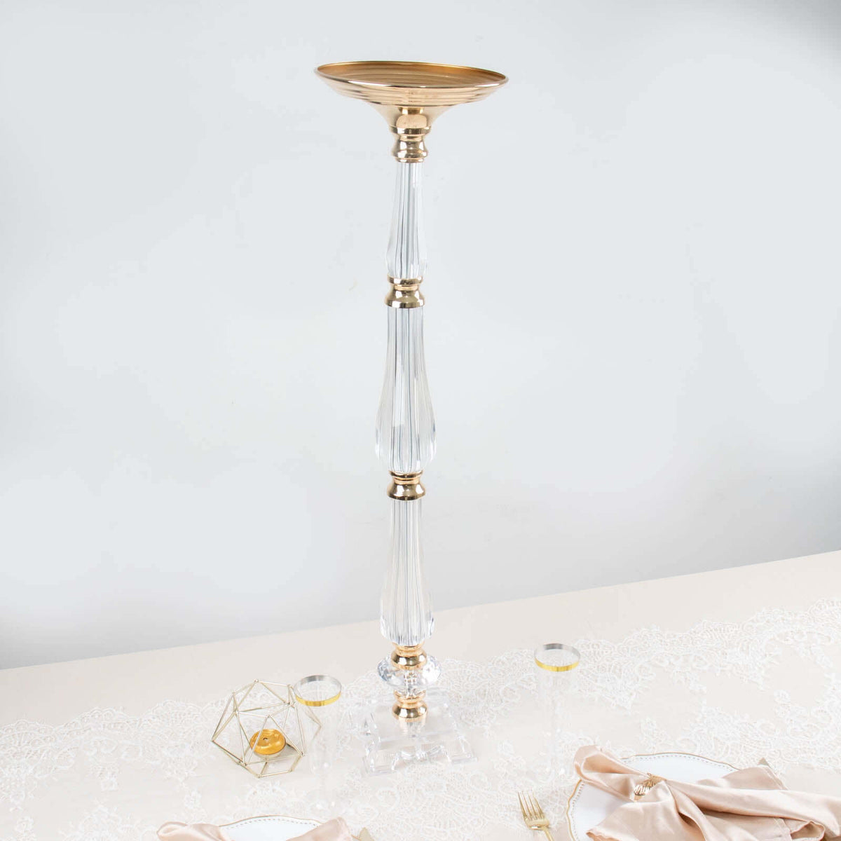 32" Gold/Clear Acrylic Crystal Pillar Candle Stand – Wedding Flower Bowl Pedestal Table Centerpiece