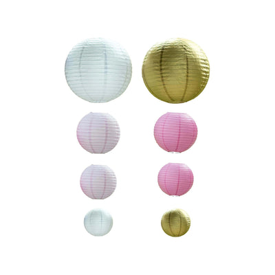 Set of 8 Mixed Blush Gold Hanging Paper Lanterns, Assorted Size Decorative Round Chinese Sky Lanterns - 6",8",10",14"