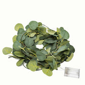 Coiled green silk eucalyptus leaf garland with warm white LED lights and battery pack - thumbnail number 1