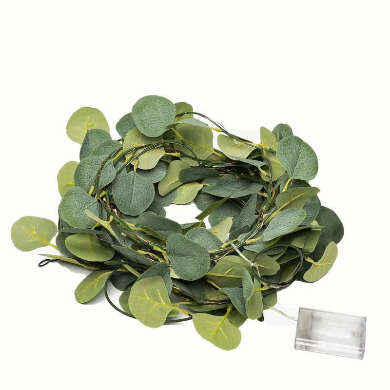 Coiled green silk eucalyptus leaf garland with warm white LED lights and battery pack - thumbnail number 1
