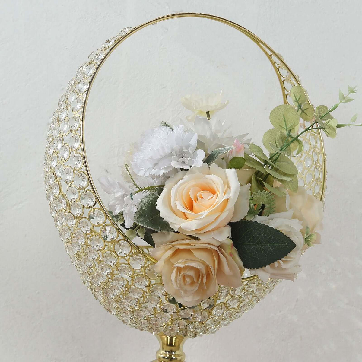3ft Gold Metal Candle Holder Stand – Crystal Beaded Half Moon Basket Design with Round Base